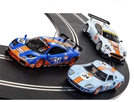 Scalextric C4146 Gulf 3 Car Set, Aston Martin, Ford Gt40 and McLaren F1.